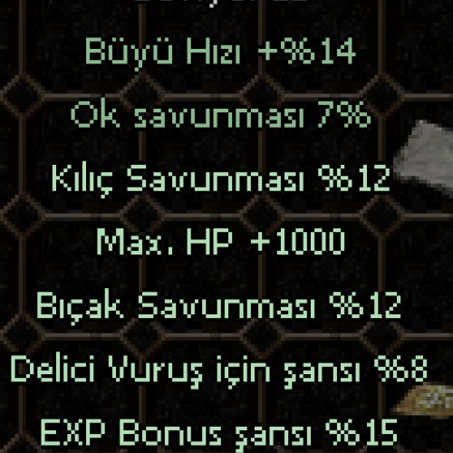  +6 Altın Kolye  12 kılıç-12 bıçak-1k hp-8 delici-15exp